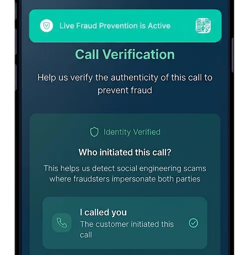 Mobile call verification screen asking the customer to confirm who initiated the call, with live fraud prevention active and identity verified