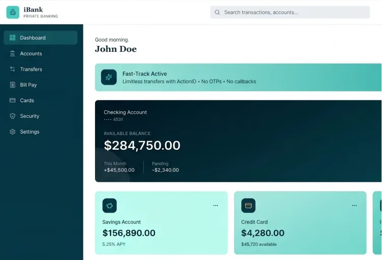 iBank Private Banking dashboard showing Fast-Track Active