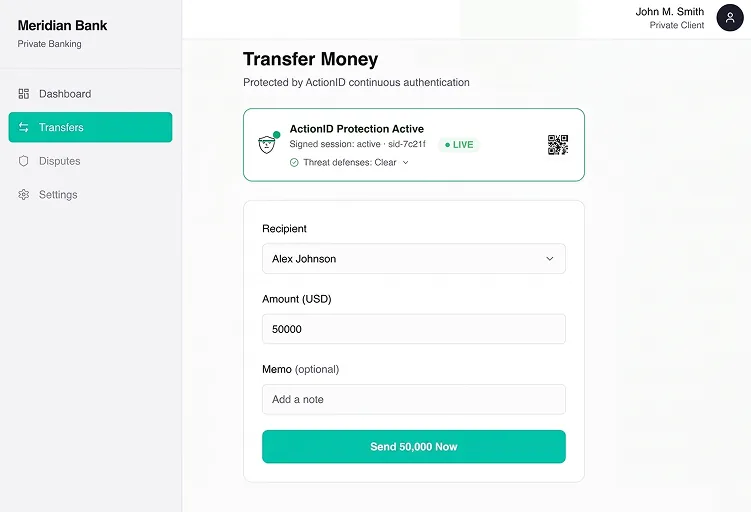 Meridian Bank transfer screen protected by ActionID