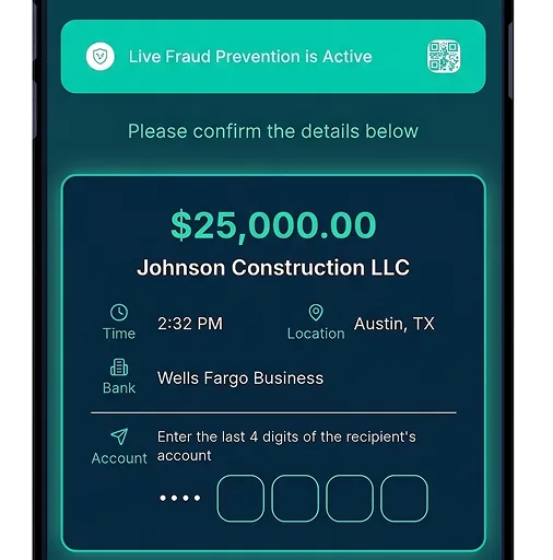 Mobile transaction confirmation showing a $25,000 wire to Johnson Construction LLC with live fraud prevention active, ready to enter the recipient account digits